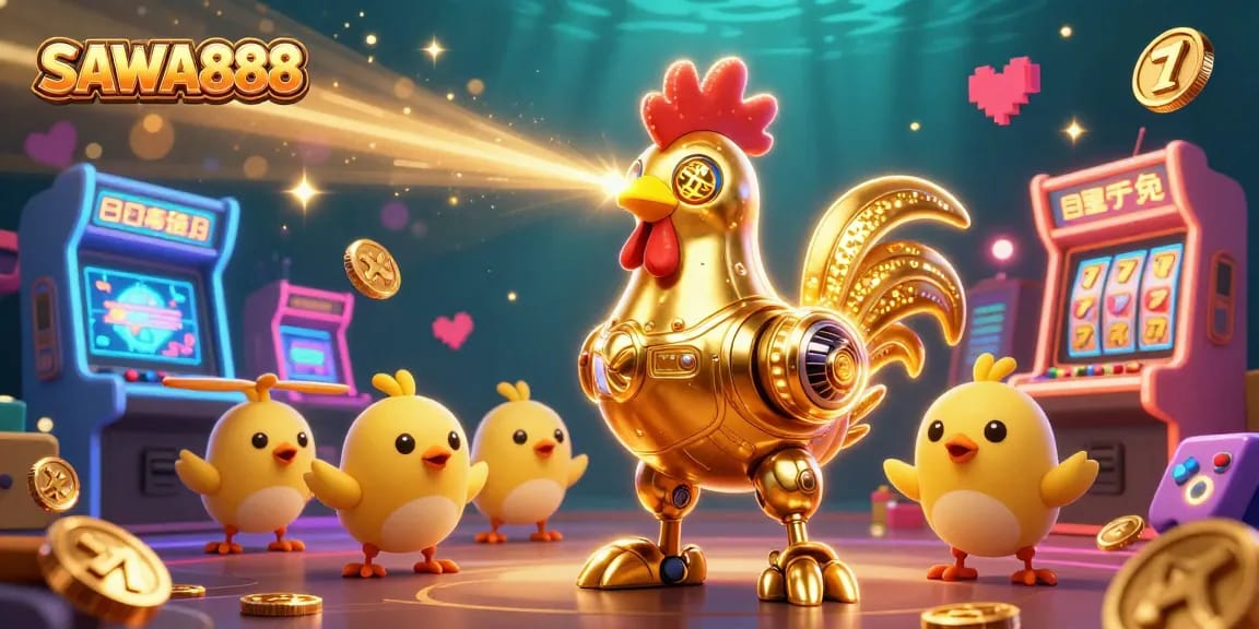 Experience the excitement of SAWA888 with a futuristic scene featuring a golden rooster robot and engaging game elements.