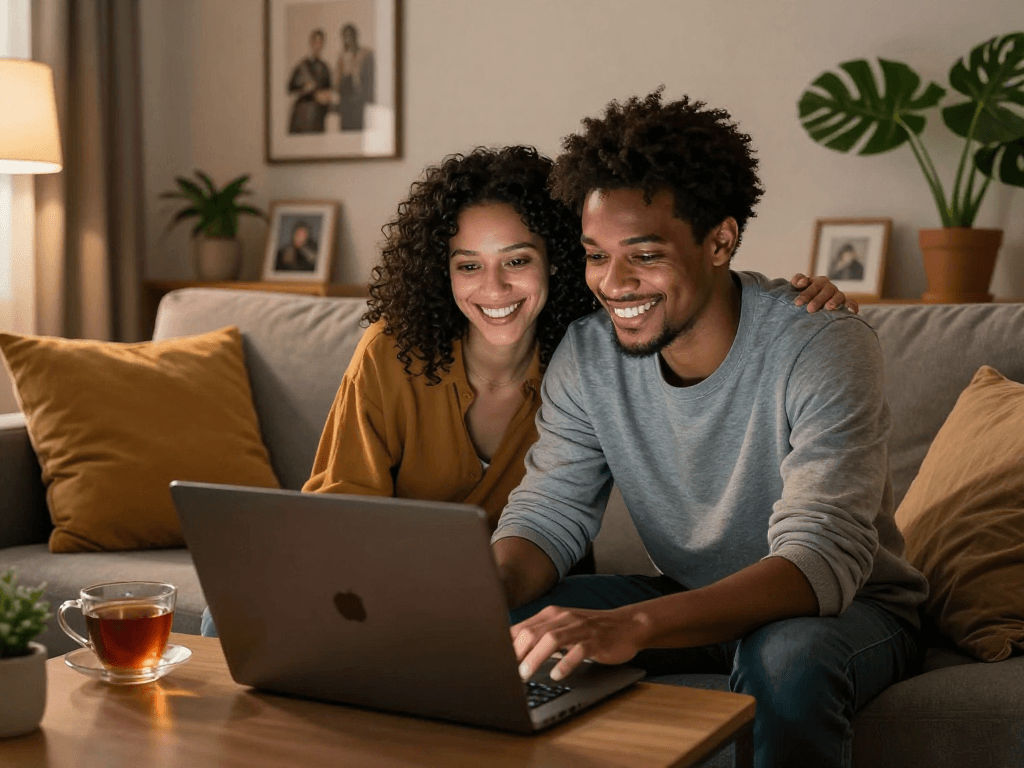 Couple enjoying a sexchat session on a laptop in a cozy living room.