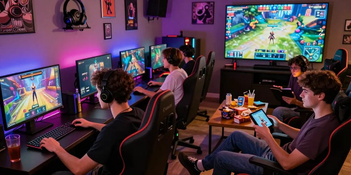 Engaged players enjoying porn games online in a vibrant gaming lounge.