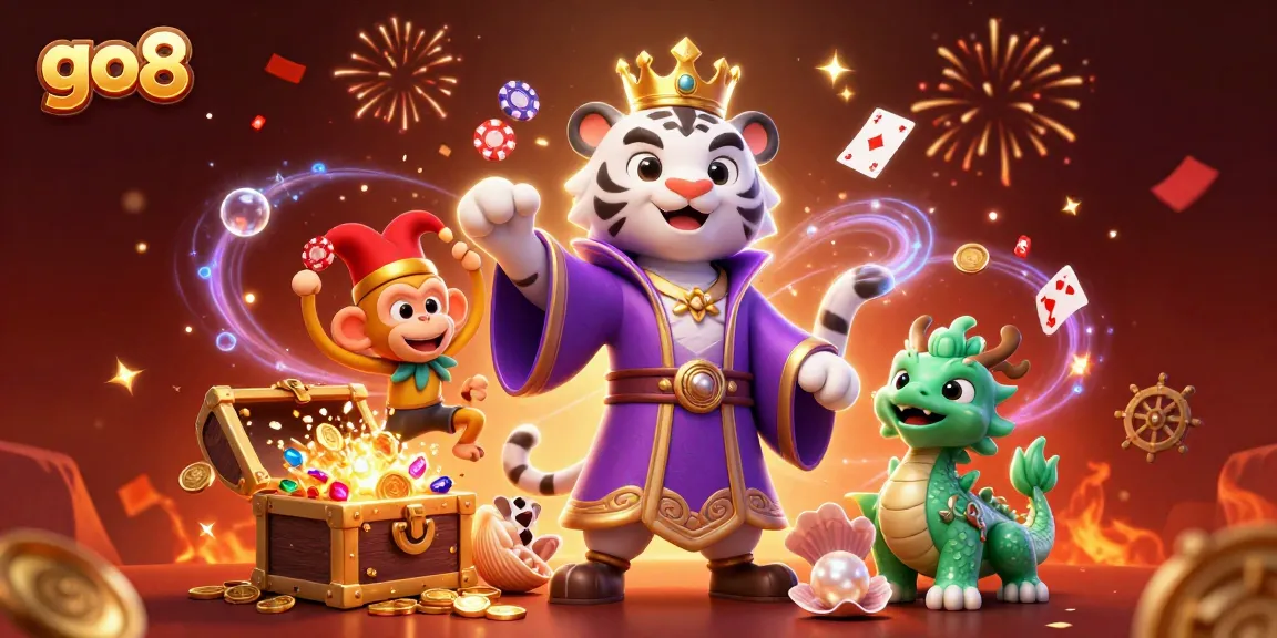 Experience the vibrant go8 casino world where a tiger, monkey, and dragon celebrate gambling excitement.