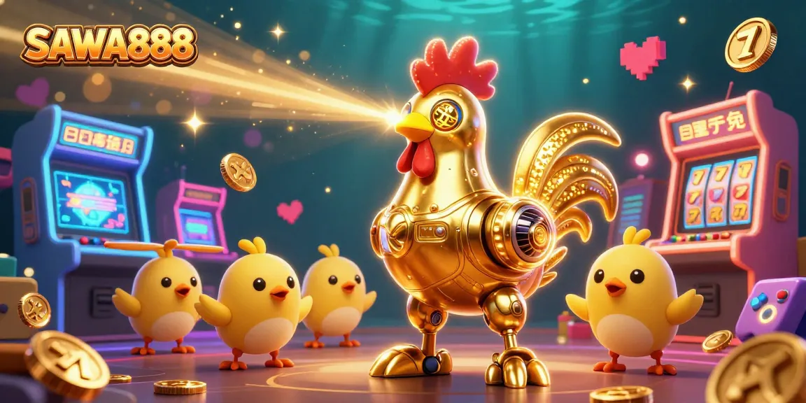 Experience the excitement of SAWA888 with a futuristic scene featuring a golden rooster robot and engaging game elements.