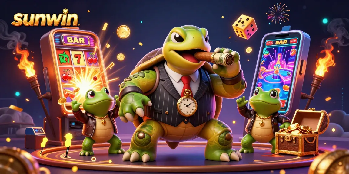 Win big at Sunwin with a vibrant casino scene featuring a snapping turtle and jackpot slots.
