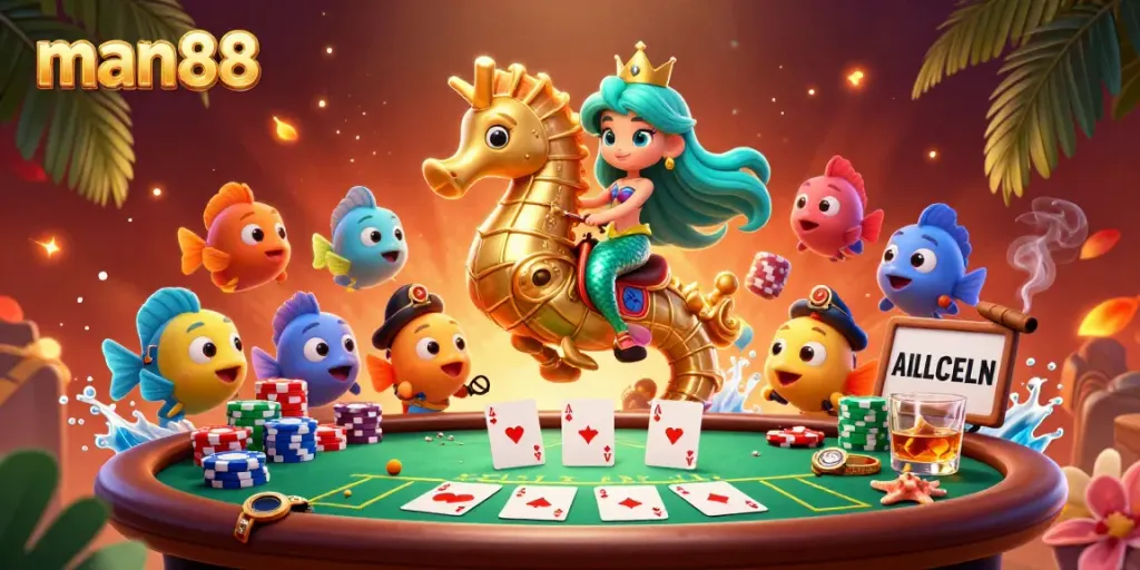 Experience the thrill of man88 with a vibrant underwater casino scene showcasing diverse game elements and characters.