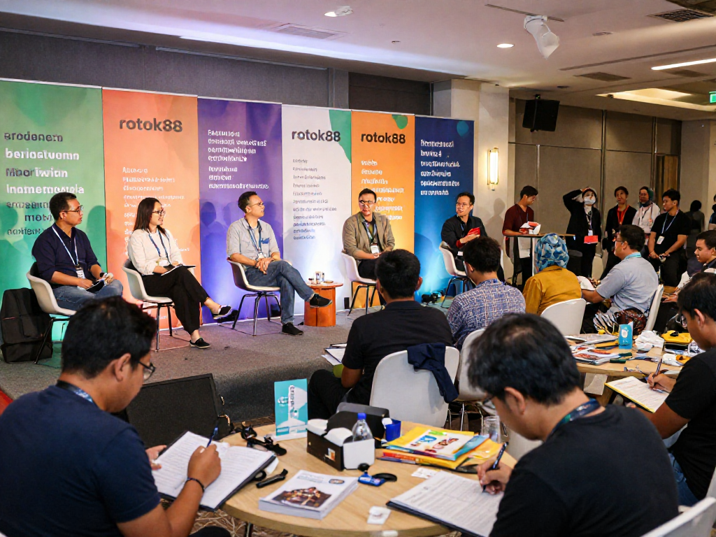 Inspiring entrepreneurial summit showcasing diverse speakers sharing their hustle journeys, themed around rokok88.