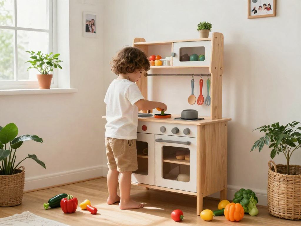 Child playing in a colourful wooden kitchen set surrounded by toy vegetables and utensils.
