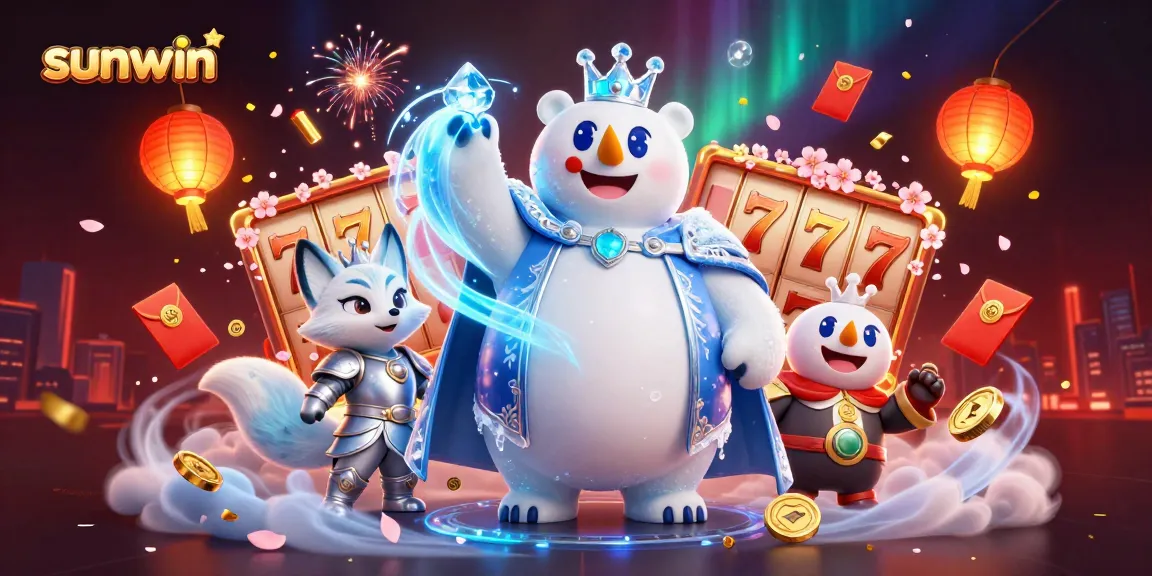 Experience the thrill of sunwin with vibrant slot reels and dynamic characters in an engaging casino scene.