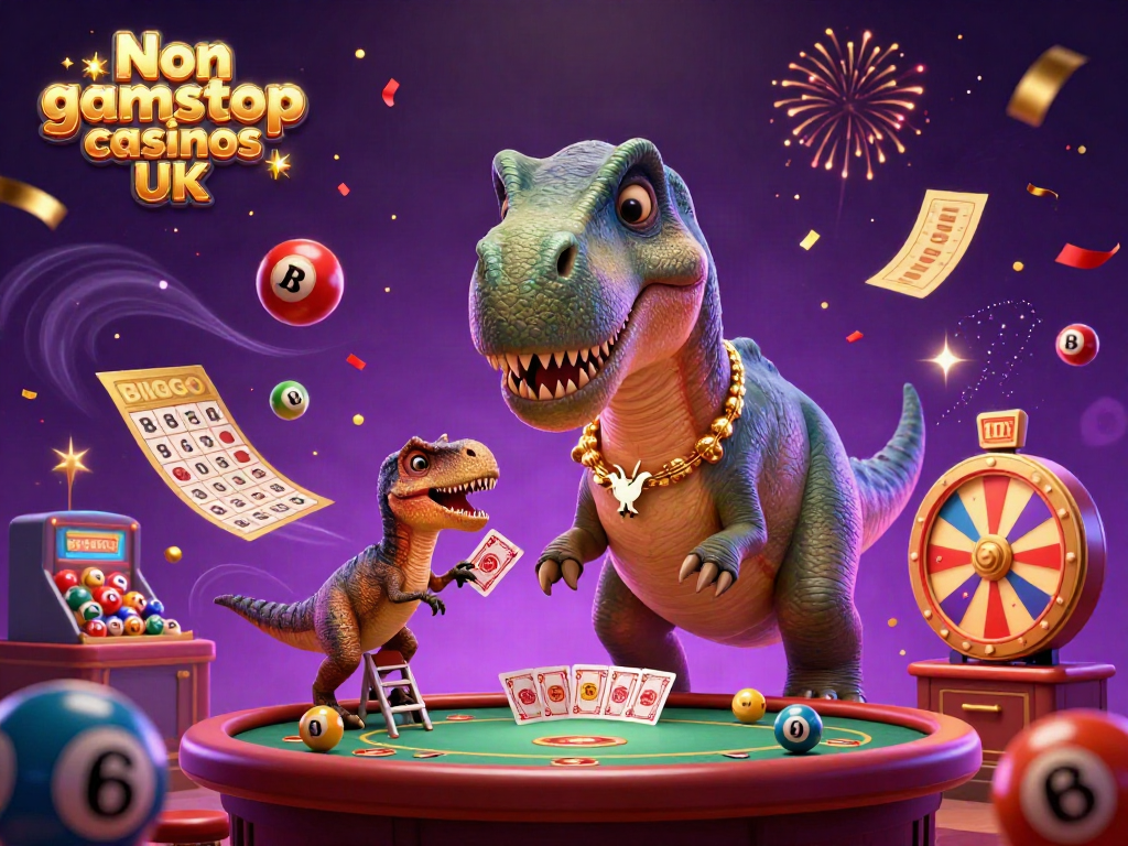 Engaging illustration of Non gamstop casinos UK featuring a brontosaurus and a raptor in a vibrant casino scene.