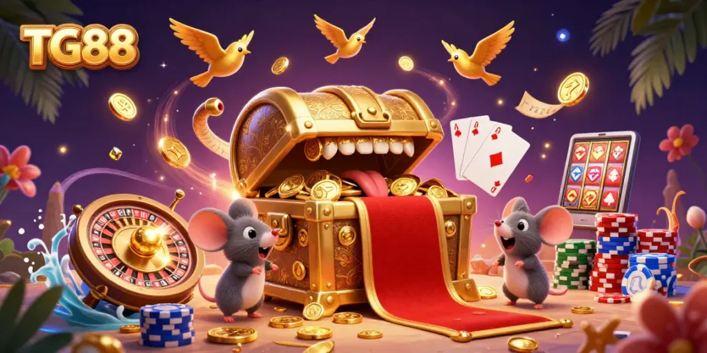 Engage in exciting gaming adventures with TG88's dynamic casino scene showcasing thrilling elements.