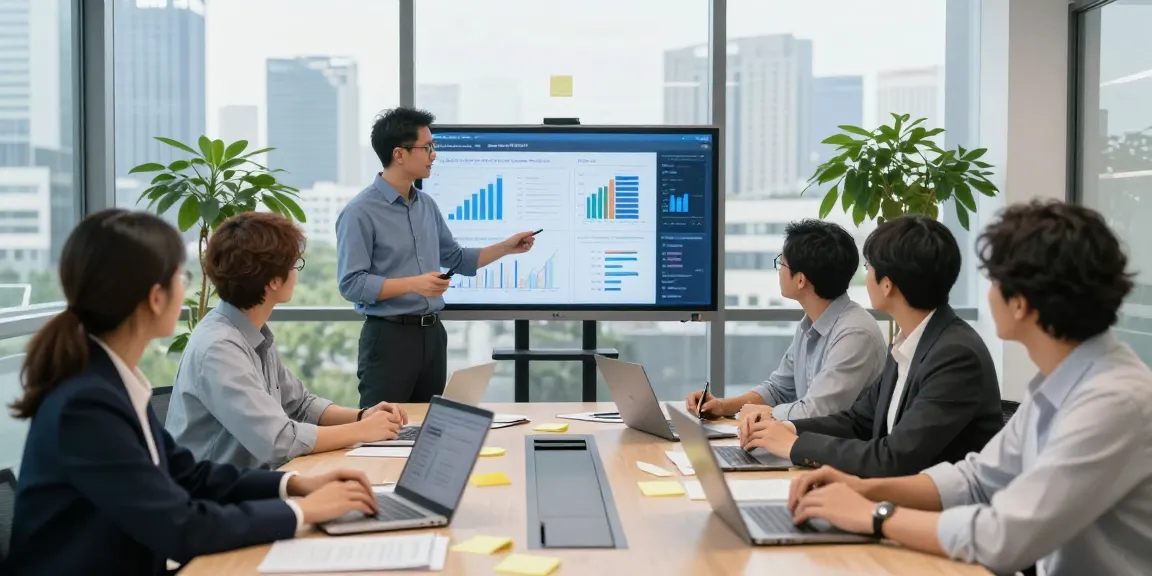 Team collaborating in a modern office, showcasing AI for business analytics and engagement