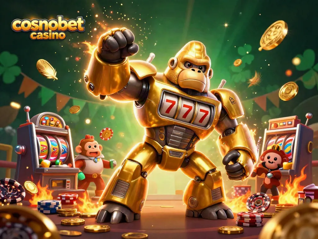 Experience thrilling moments at Cosmobet Casino with a dynamic 3D illustration featuring golden mech and slot machines.