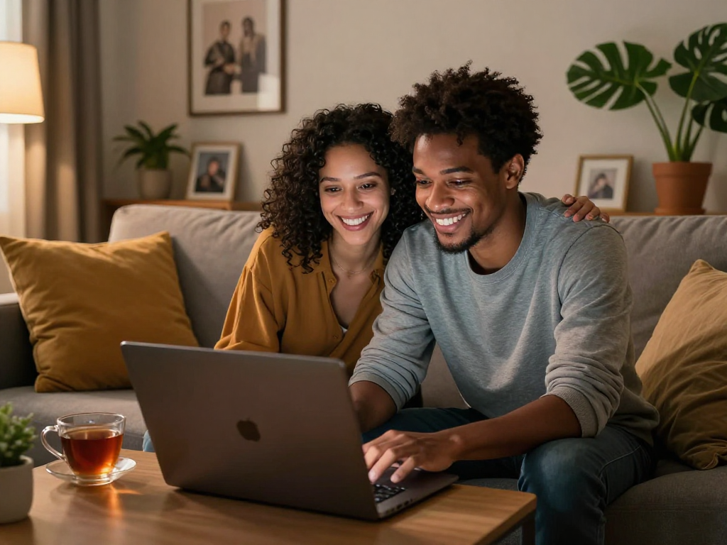 Couple enjoying a sexchat session on a laptop in a cozy living room.
