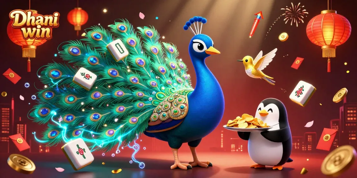 Dhani win showcases a vibrant casino scene featuring a peacock, penguin, and hummingbird surrounded by colorful game elements.