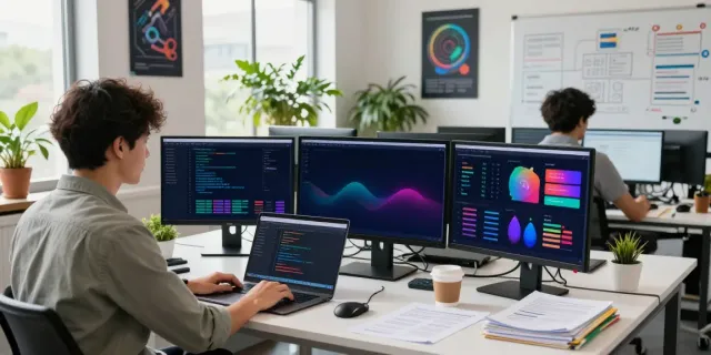 Tech professional analyzing instant indexing data on multiple monitors in a modern office setting.