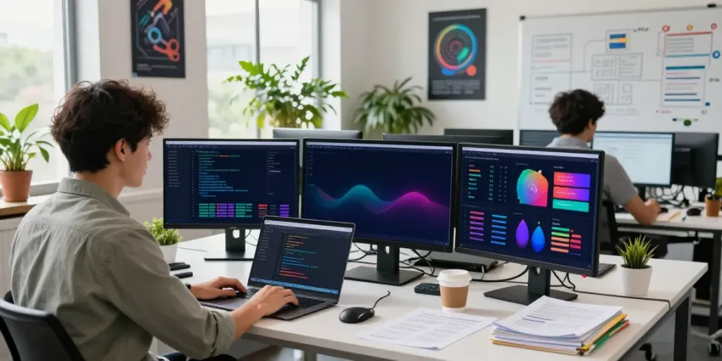 Tech professional analyzing instant indexing data on multiple monitors in a modern office setting.