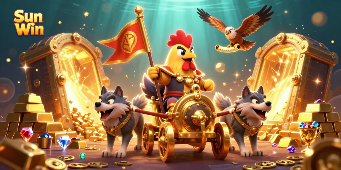 Engage with the dynamic adventure of Sun Win, featuring a rooster warlord and treasures in a casino-themed scene.