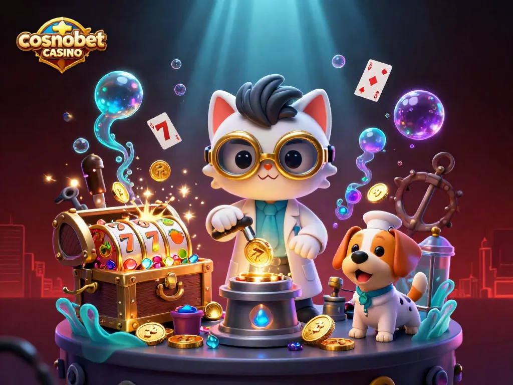 Experience the excitement at Cosmobet casino with dynamic gaming characters and vibrant casino elements.