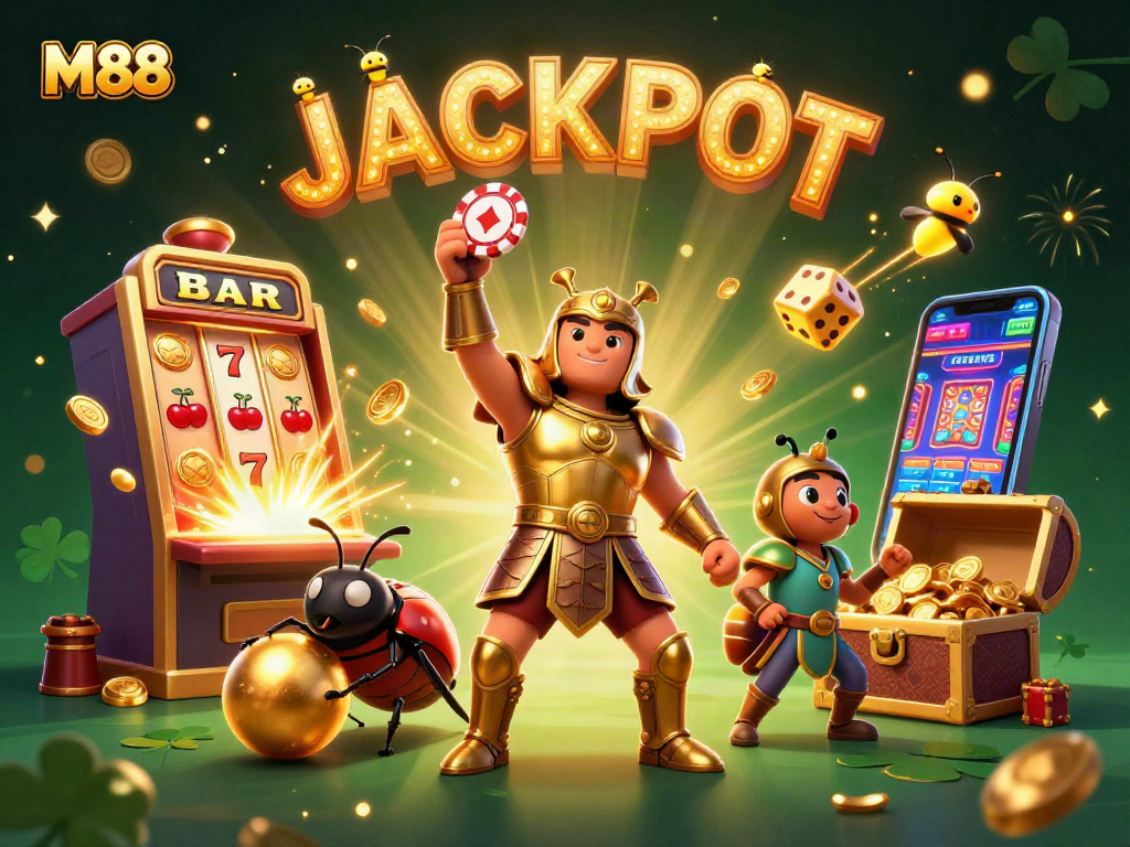 M88 players celebrating their wins with a dynamic jackpot scene featuring vibrant casino elements.