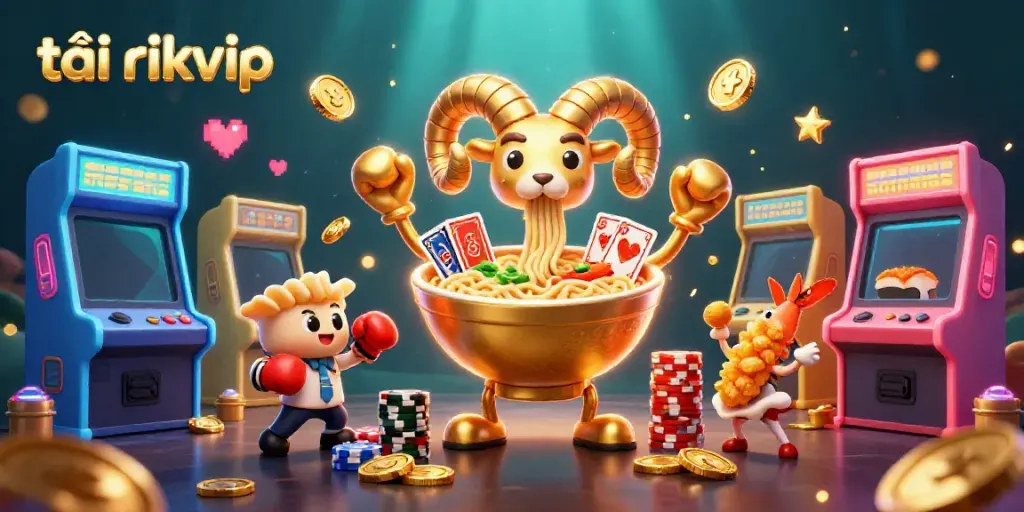 Engaging scene featuring a giant ramen bowl character and cheering sushi, promoting tải rikvip with vibrant game elements around