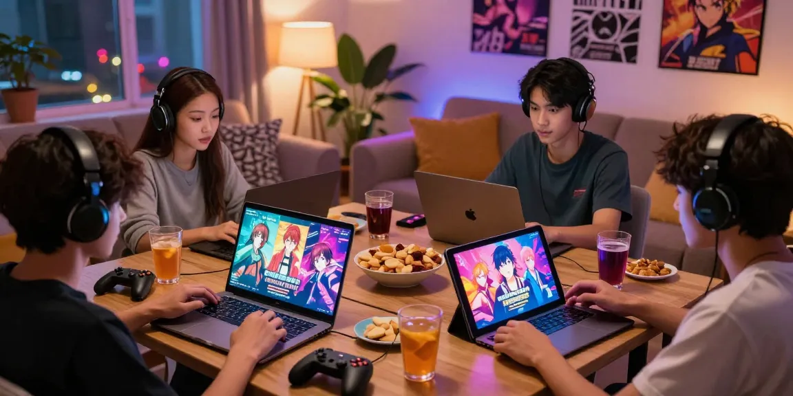 Experience the excitement of an online hentai game with diverse players enjoying popular adult visual novels on various devices in a cozy gaming setting.