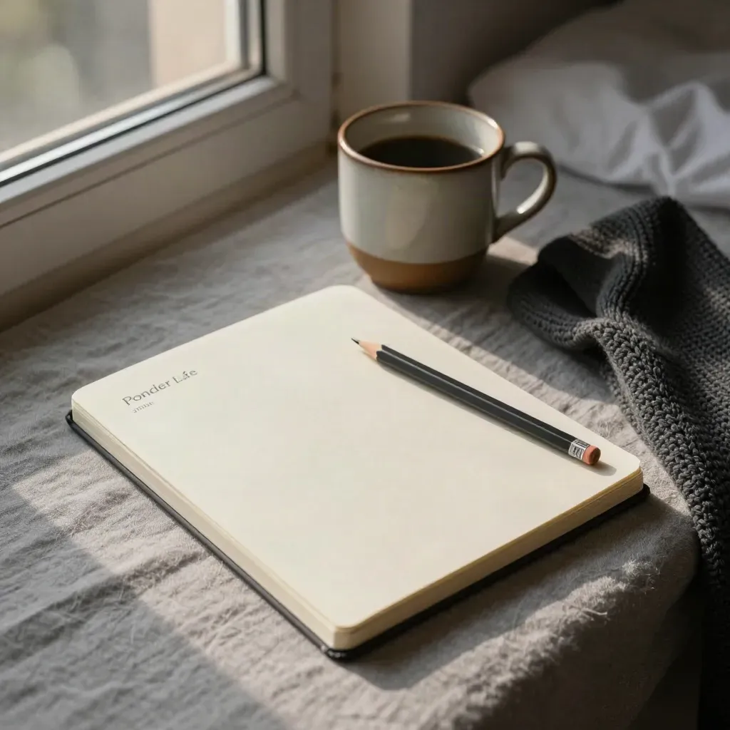 Notebook, pencil, cup and folded knit by a bedroom windowsill in dawn light