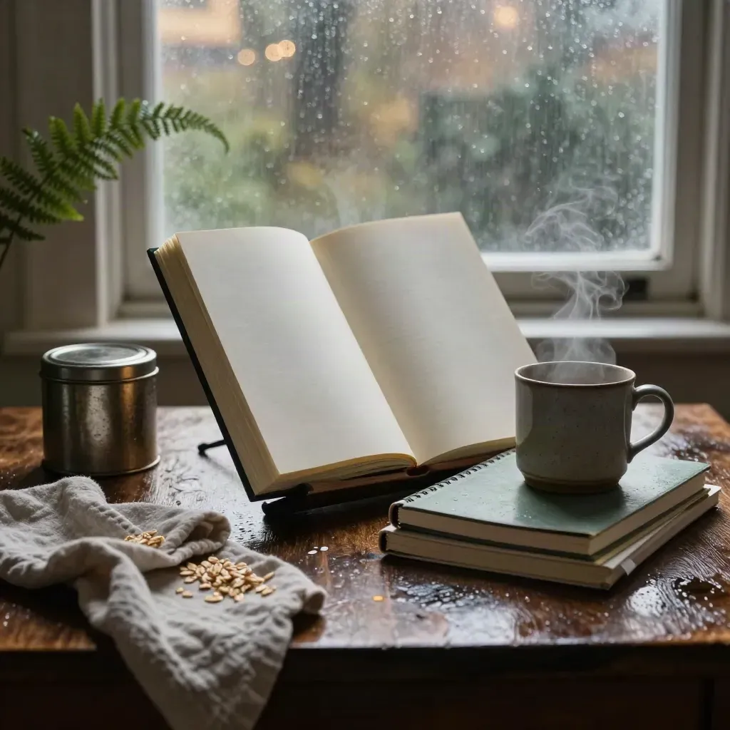 Steaming mug and open journal on a rain-dark oak table at dawn