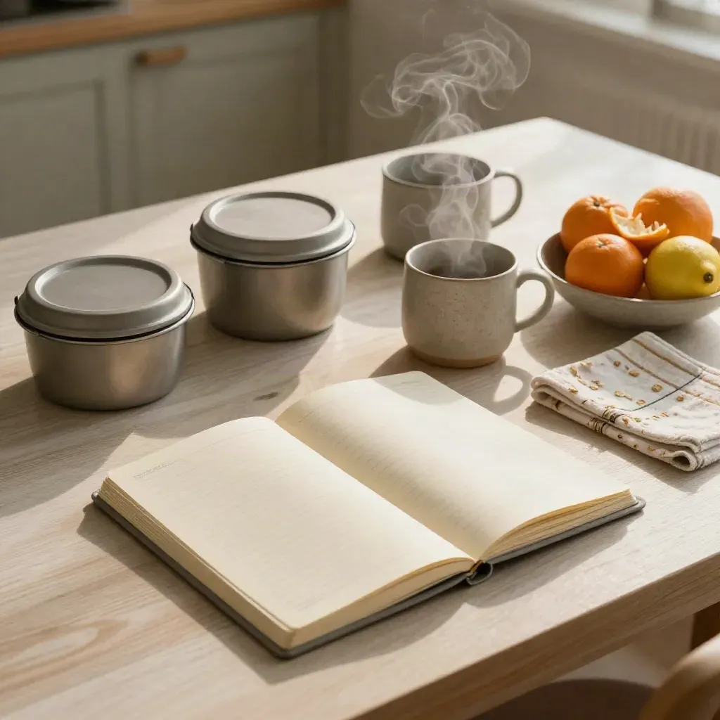 Overhead kitchen table with weekly planner, meal containers, steaming mug, citrus and folded towel.