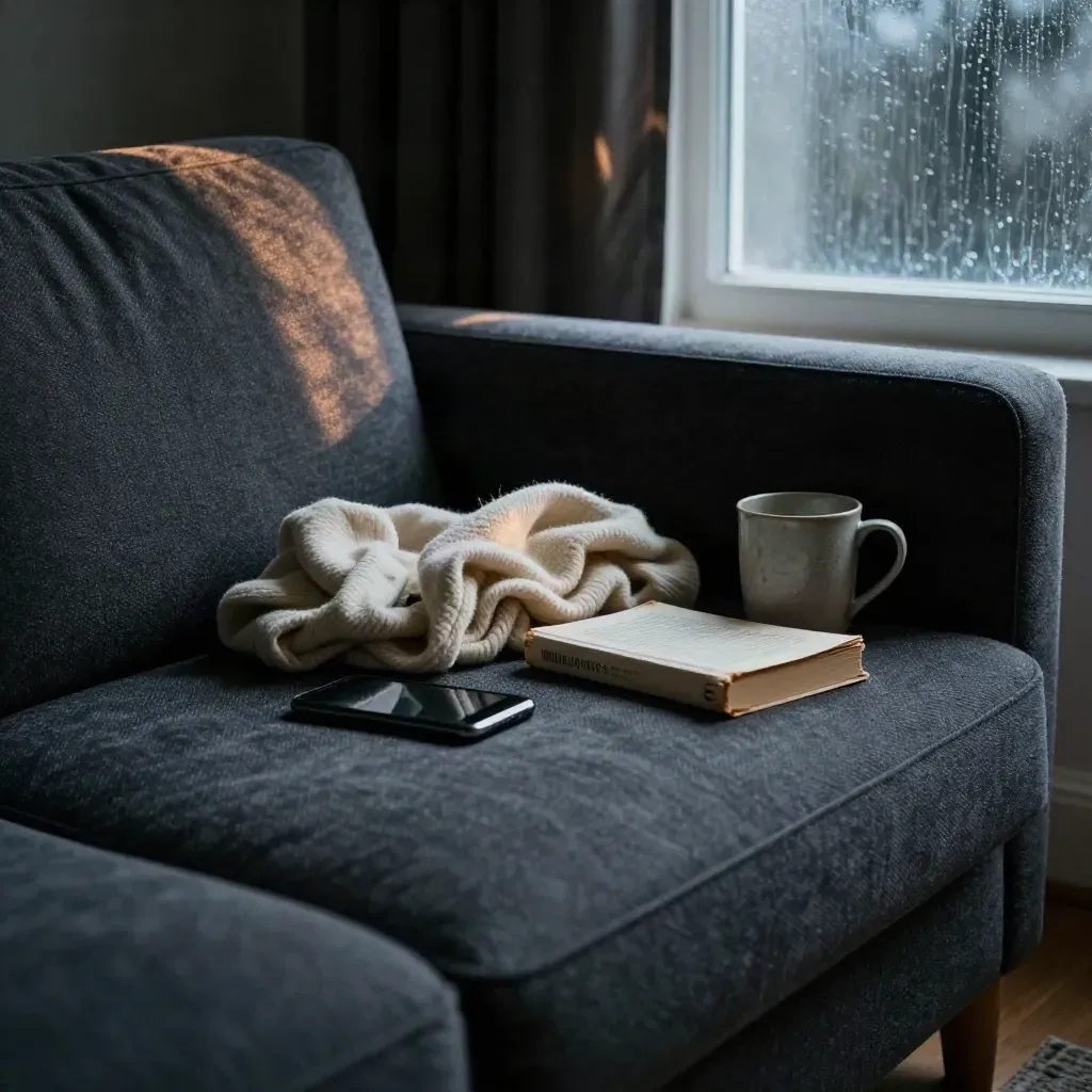 Sofa arm with phone, cardigan, book and mug by rain-dark curtains in a moody living room.