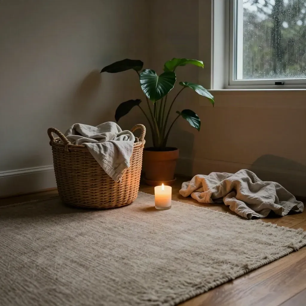 Laundry basket, folded linen, candle and houseplant by a rug in a rainy living room.