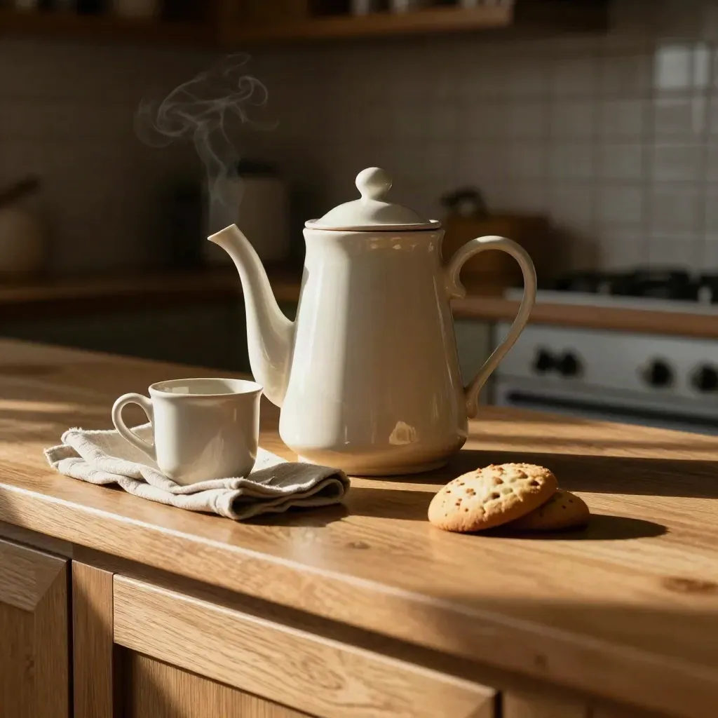 Cream teapot, mug, linen napkin and biscuit on a sunlit kitchen sideboard with steam rising.
