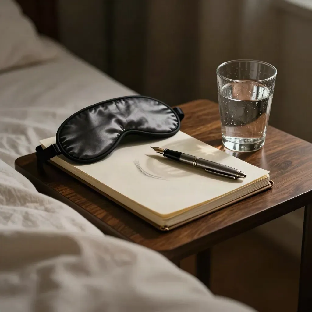 Bedside notebook closing beside a sleep mask, pen, and condensation-beaded water glass in moody light.
