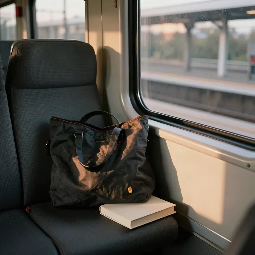 Commuter tote and paperback beside streaked station-light reflections in a train window.