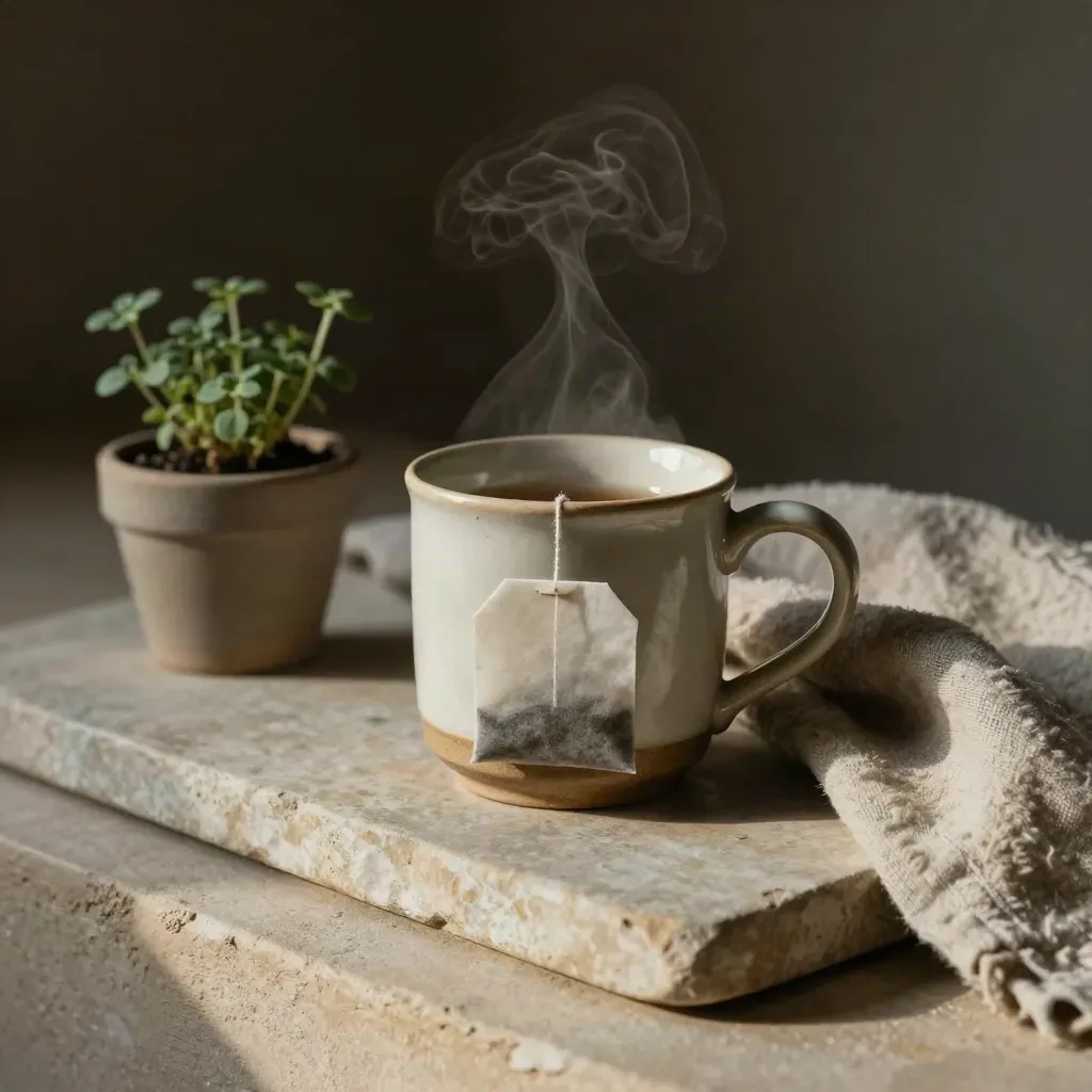 Steaming stoneware mug on a stone tray with linen cloth and small herb pot