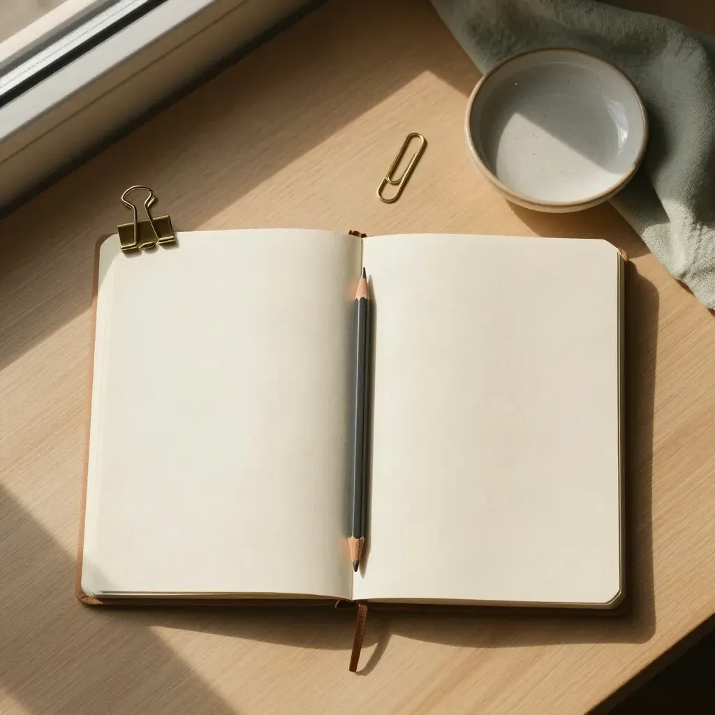 Open journal, pencil, paper clip and ceramic dish on pale oak, overhead still life.