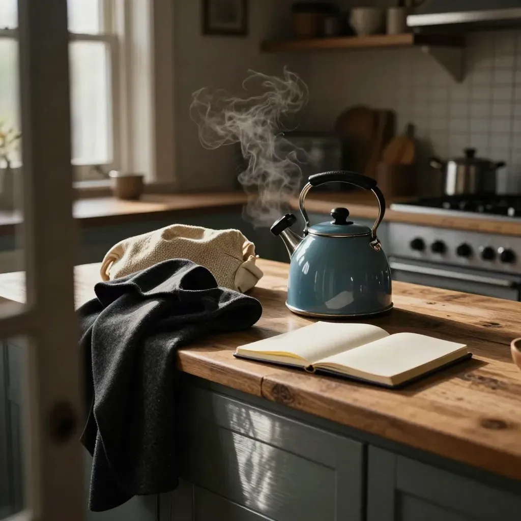 Quiet kitchen counter with kettle, market bag, coat, and open notebook in dawn light