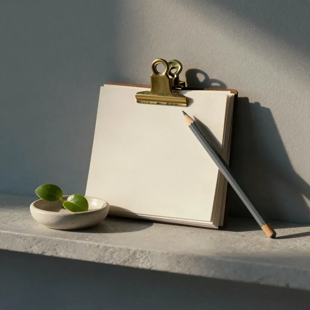 Brass clip with blank habit cards, pencil and small plant in a stone tray