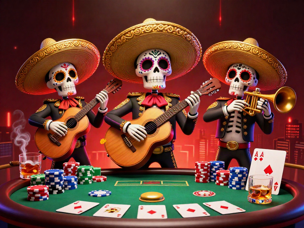 Experience the thrill of cosmobet with vibrant mariachi skeletons, poker elements, and dynamic casino action.