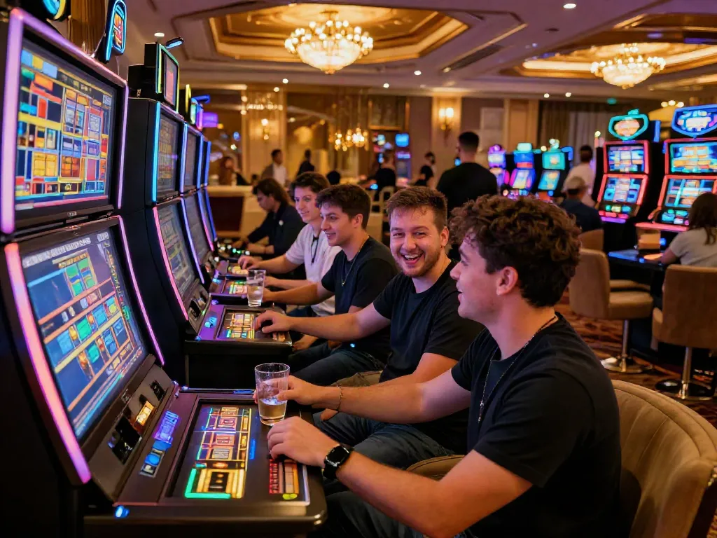 Players enjoying Bonus Buy slots at https://stargazyinn.co.uk in a vibrant casino environment, showcasing excitement and engagement.