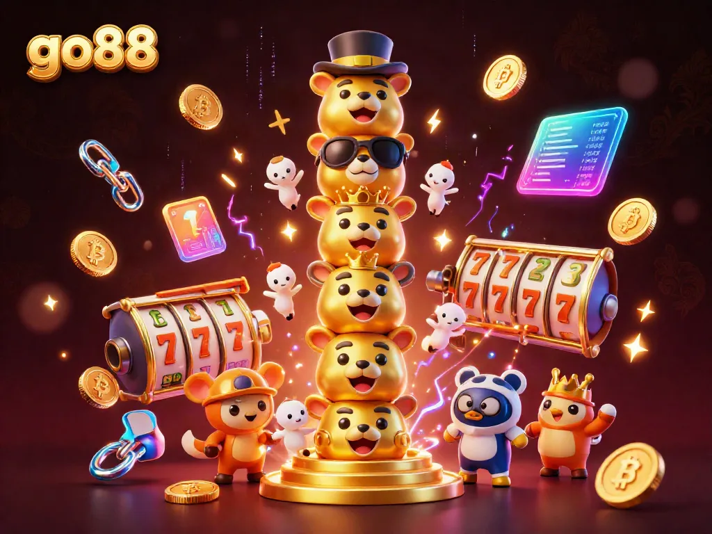 Experience the vibrant world of go88, with dynamic gaming elements and a golden totem celebrating luck and fortune.