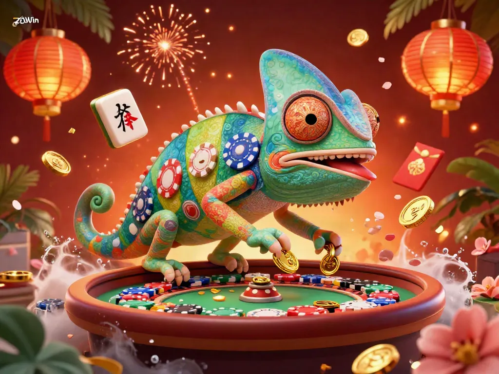 Zowin's casino owner chameleon collects golden coins amidst vibrant gambling elements.