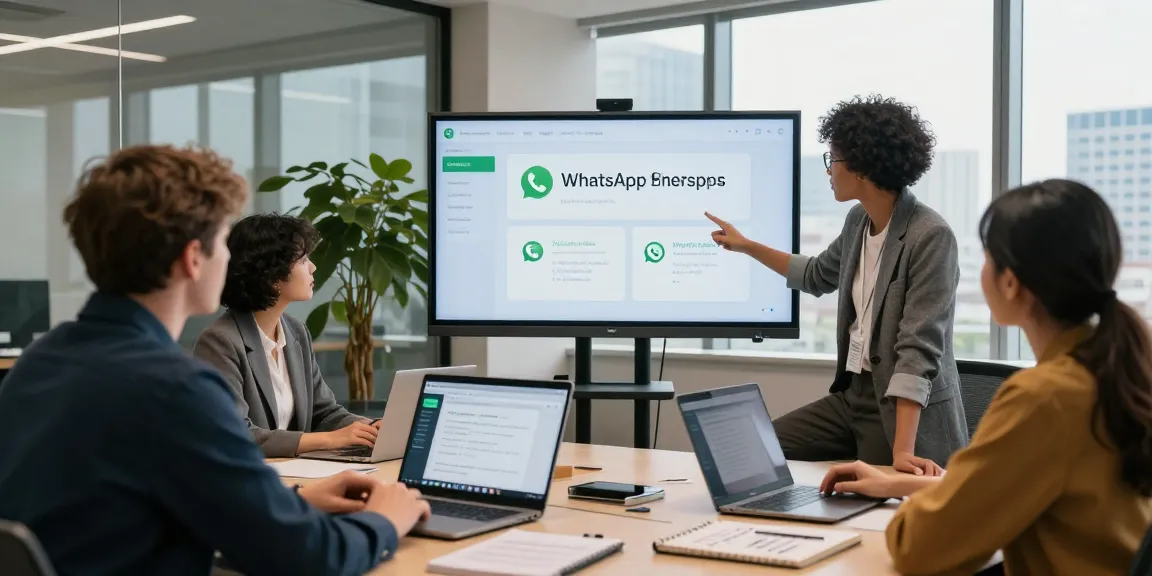 Team discussing WhatsApp網頁版 strategies in a modern office with digital tools.