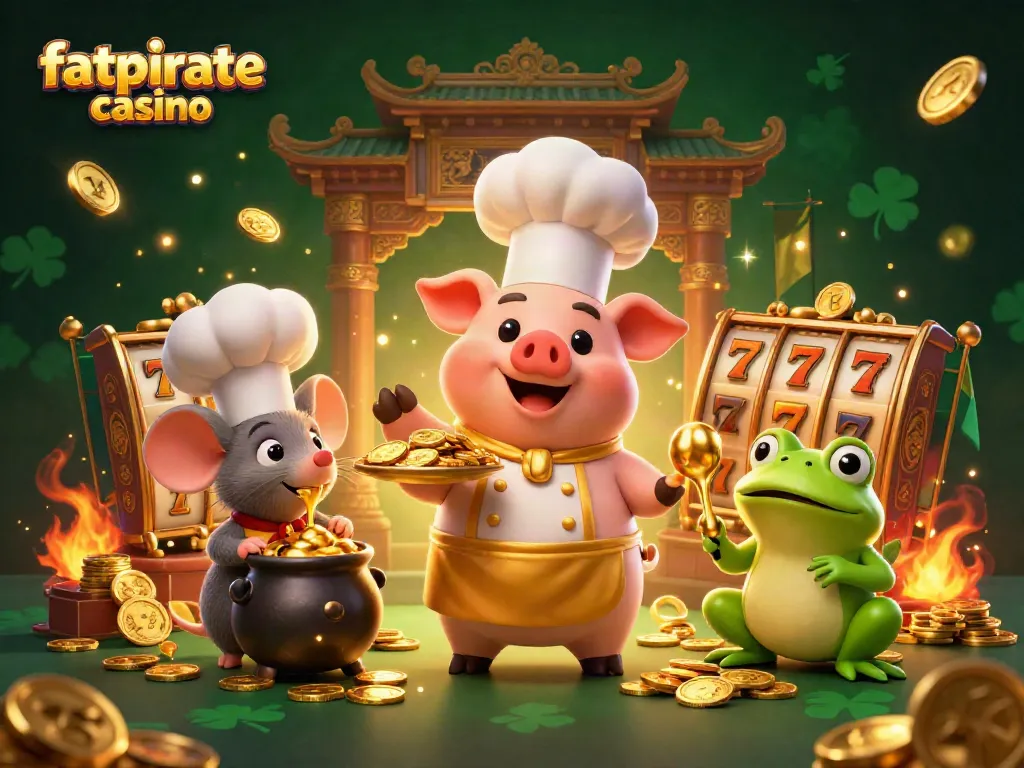 Engage with fatpirate casino's exciting world, where a chef pig serves gold coins amidst immersive slot themes.