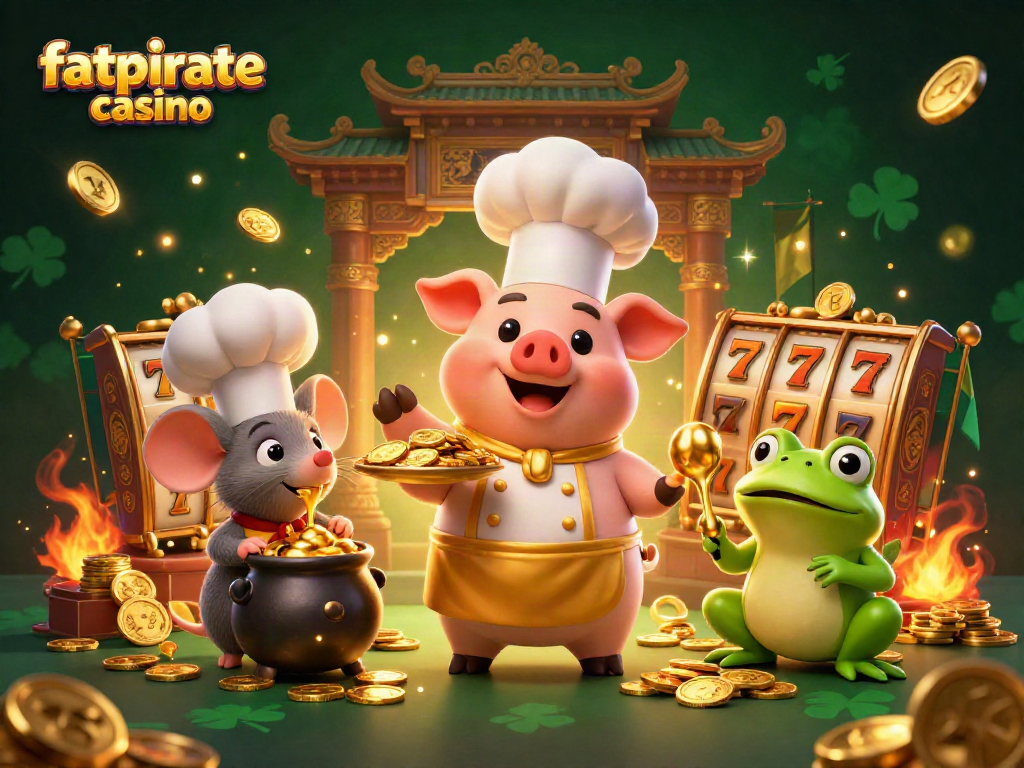 Engage with fatpirate casino's exciting world, where a chef pig serves gold coins amidst immersive slot themes.