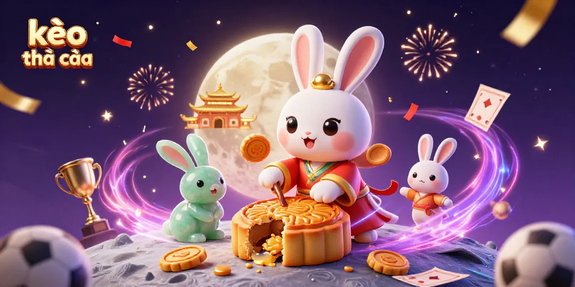 Experience the exciting world of kèo nhà cái as a whimsical moon rabbit spins sports betting elements amidst a vibrant celebration.