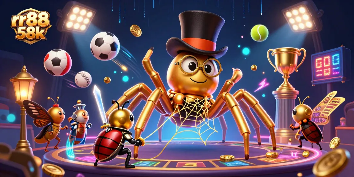 Experience the thrill of rr88 58k with a dynamic casino scene featuring a giant tarantula, sports balls, and golden treasures.