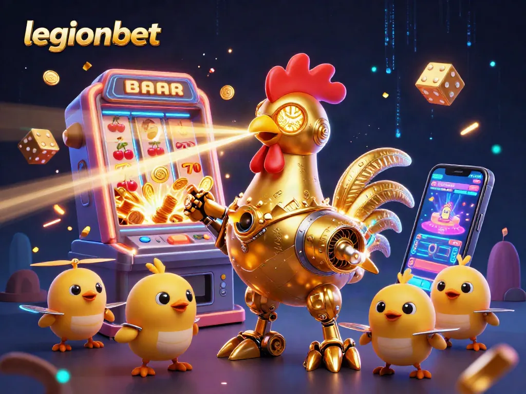 Engage with legionbet's dynamic slots gains, featuring a golden rooster robot and dazzling casino elements.