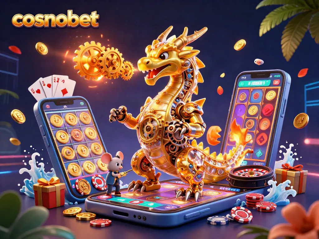 Experience cosmobet with a golden dragon and vibrant casino elements in a 3D illustration.