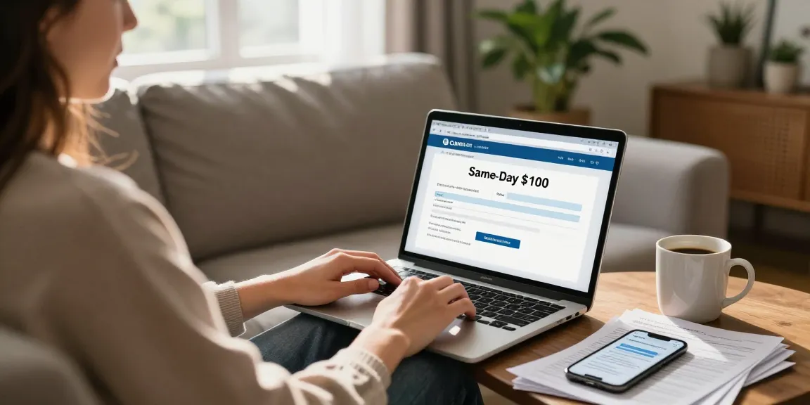 Person applying for a same-day $100 loan in a cozy living room.
