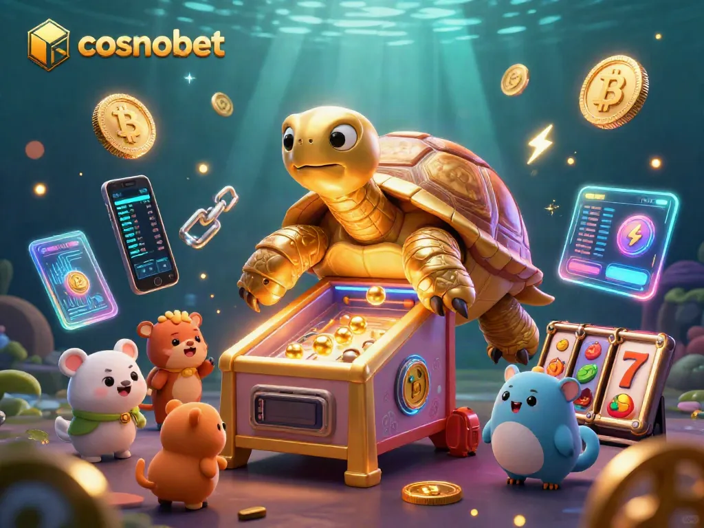 Spin the reels at cosmobet with a vibrant illustration of a golden tortoise casino scene showcasing thrilling gaming elements.