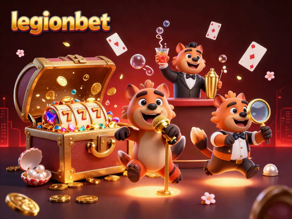 Join the fun at legionbet with 3D hyenas in a vibrant casino scene filled with entertainment elements.