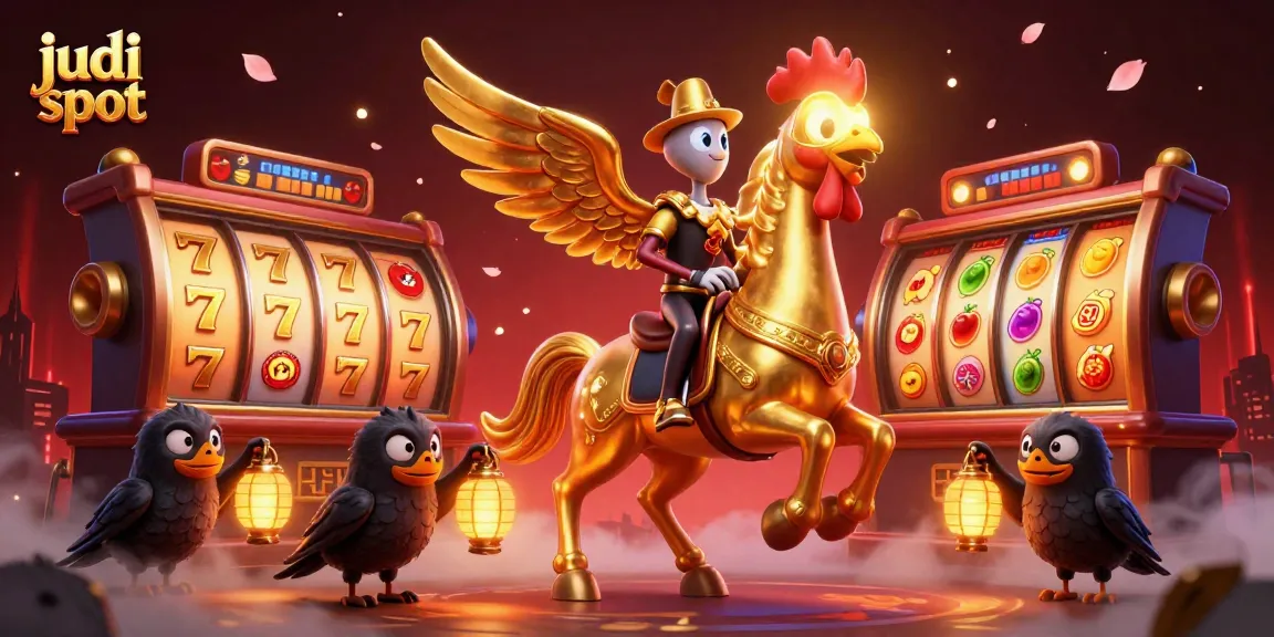Engage in judi slot excitement as golden roosters revel in a midnight casino.